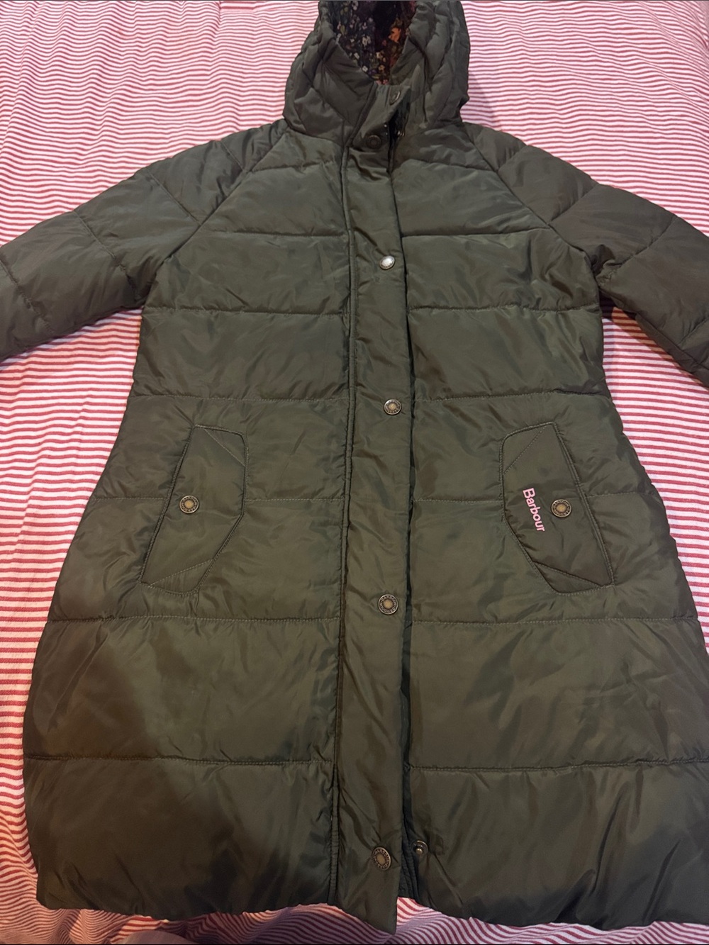 Barbour Olive Quilted Long Puffer Coat with Hood